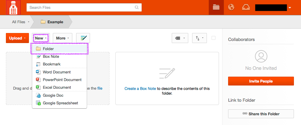 Create a folder in Box - Step 1