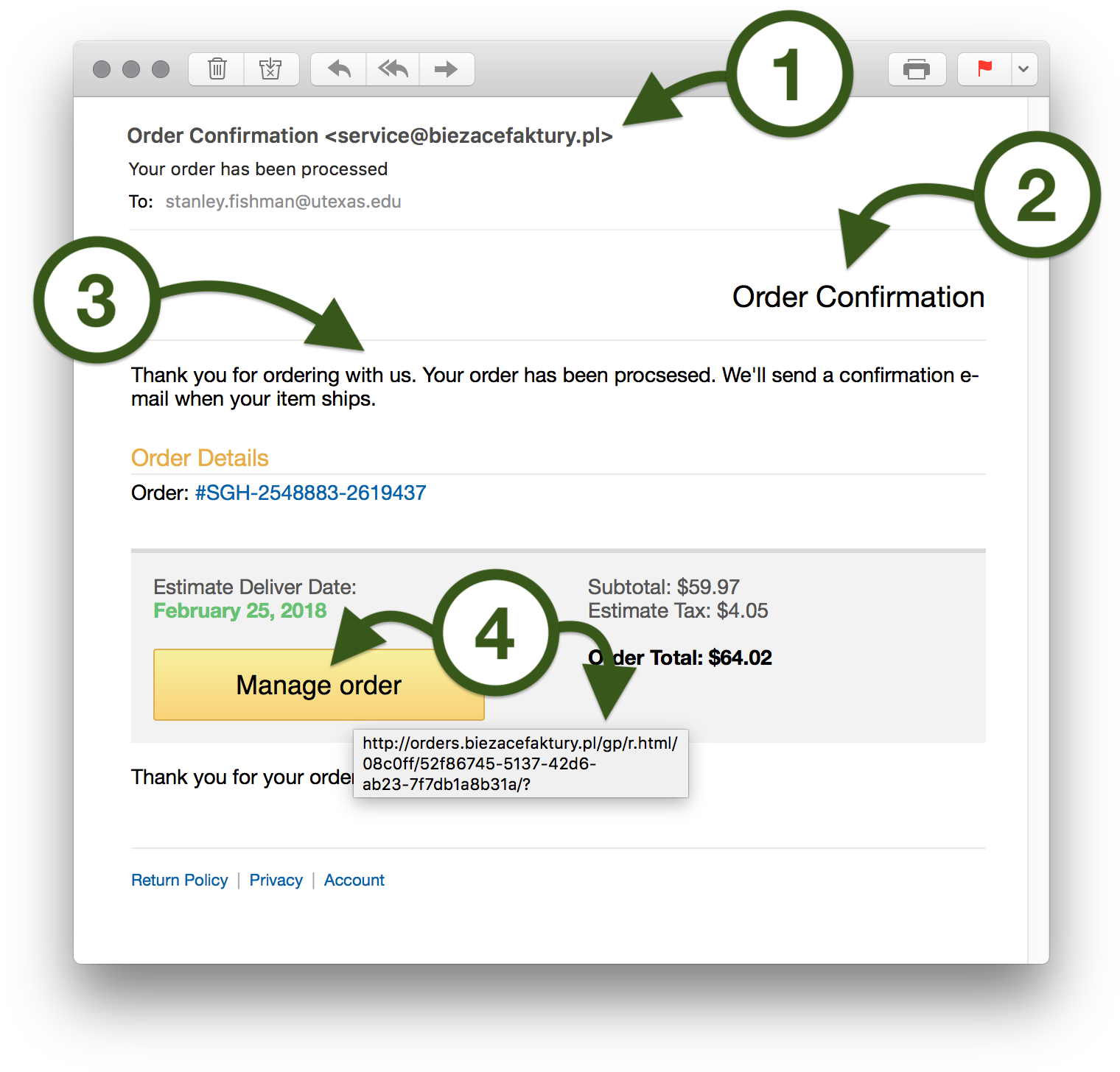 Phishing message displayed on a desktop computer