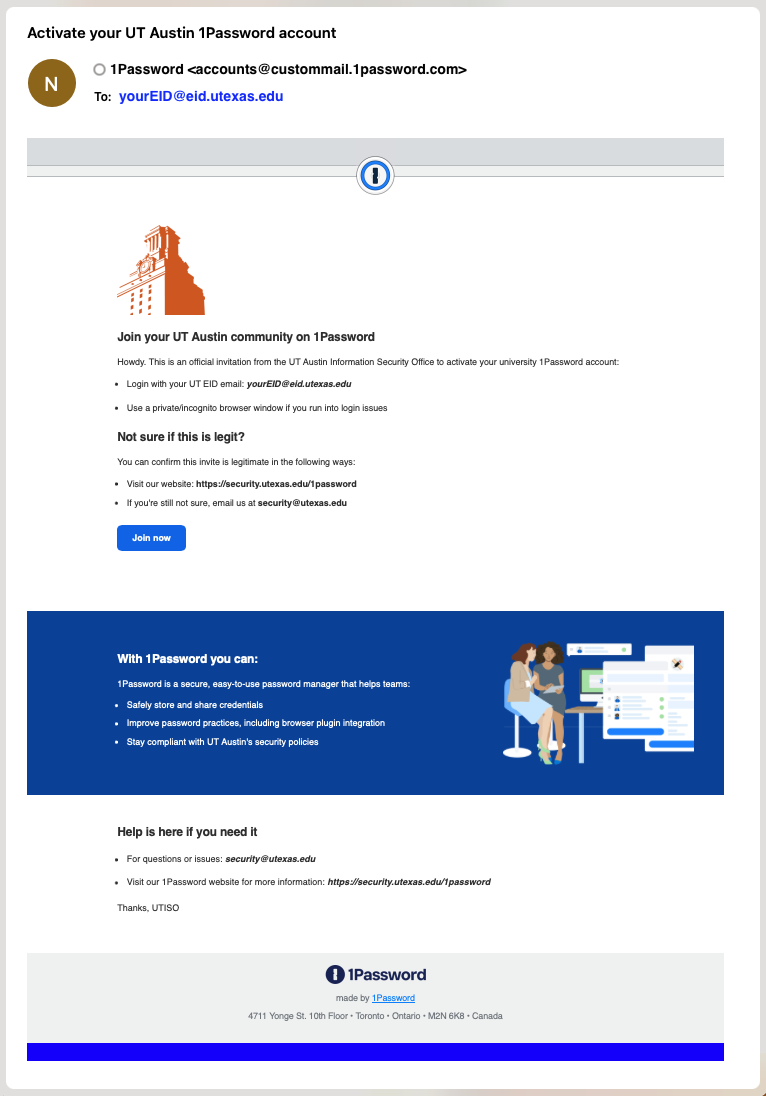 UT Austin 1Password invite email
