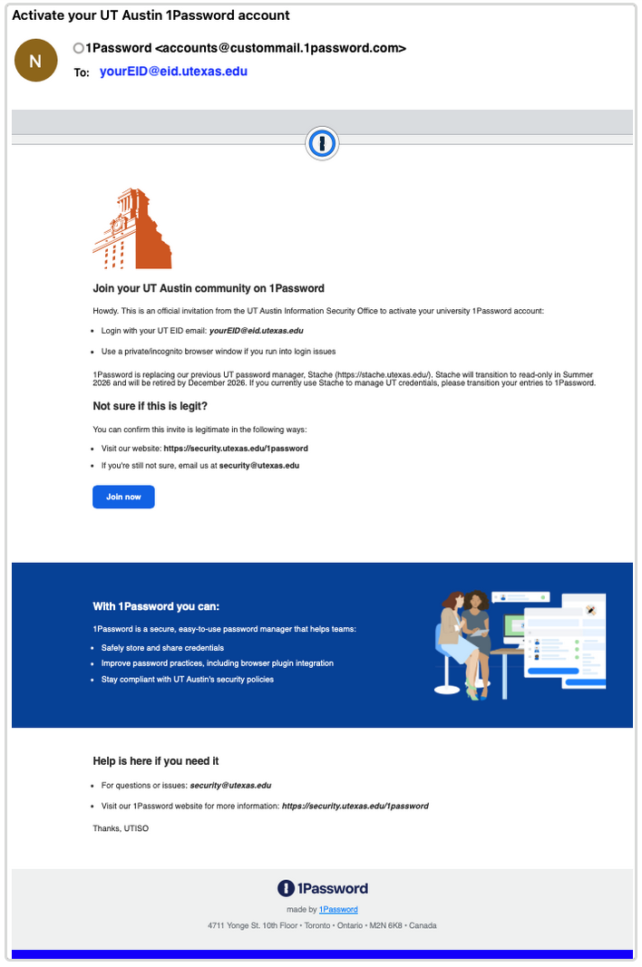 UT 1Password invite email